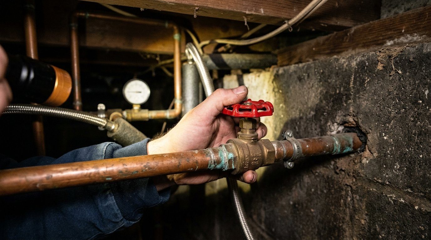 Hand turning a red-handled main water shut-off valve on a copper pipe where the water line enters a house, lit by a flashlight