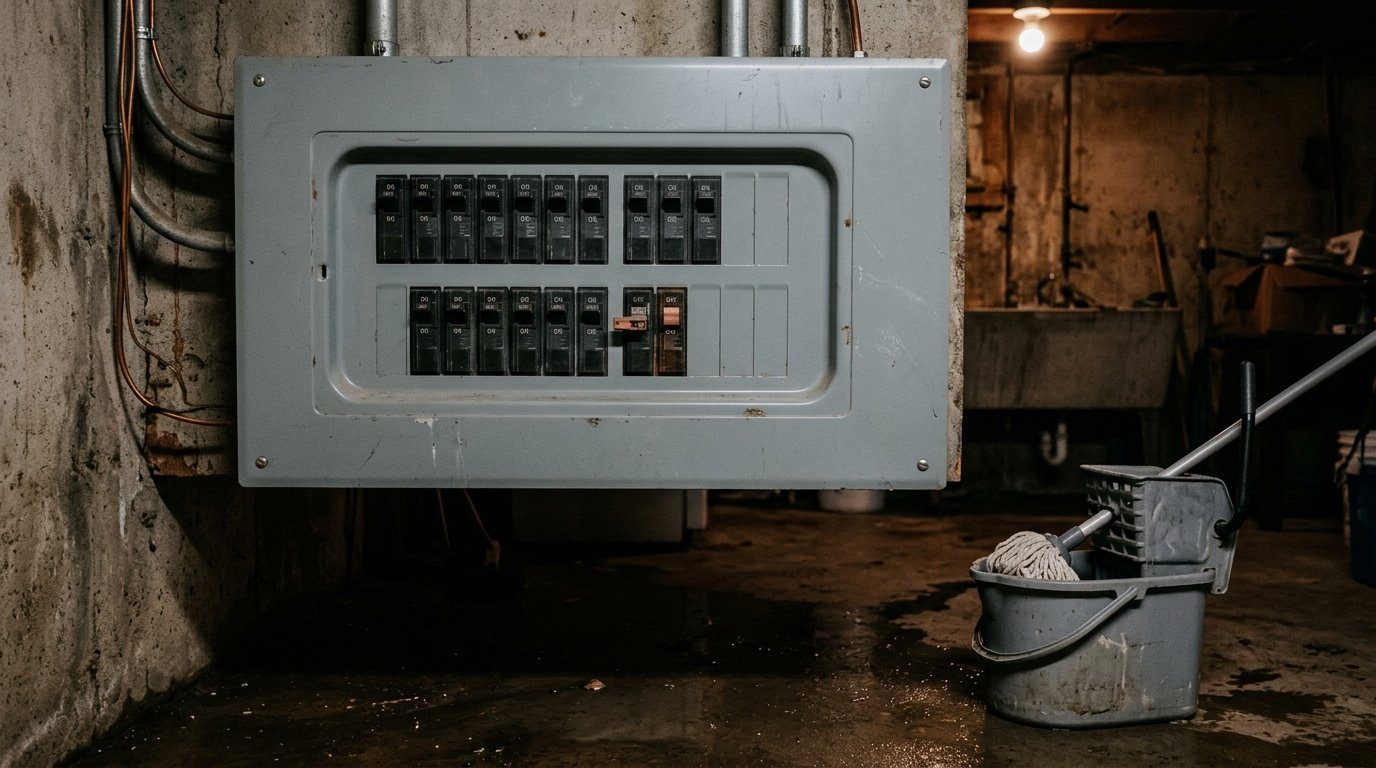 Household breaker panel with one breaker switched off, a wet floor and mop bucket visible below