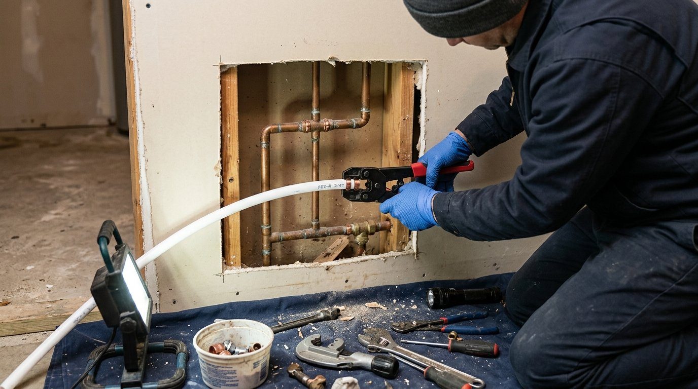 Gloved hands fitting a new section of white PEX pipe into an opened section of drywall where a burst pipe was cut out