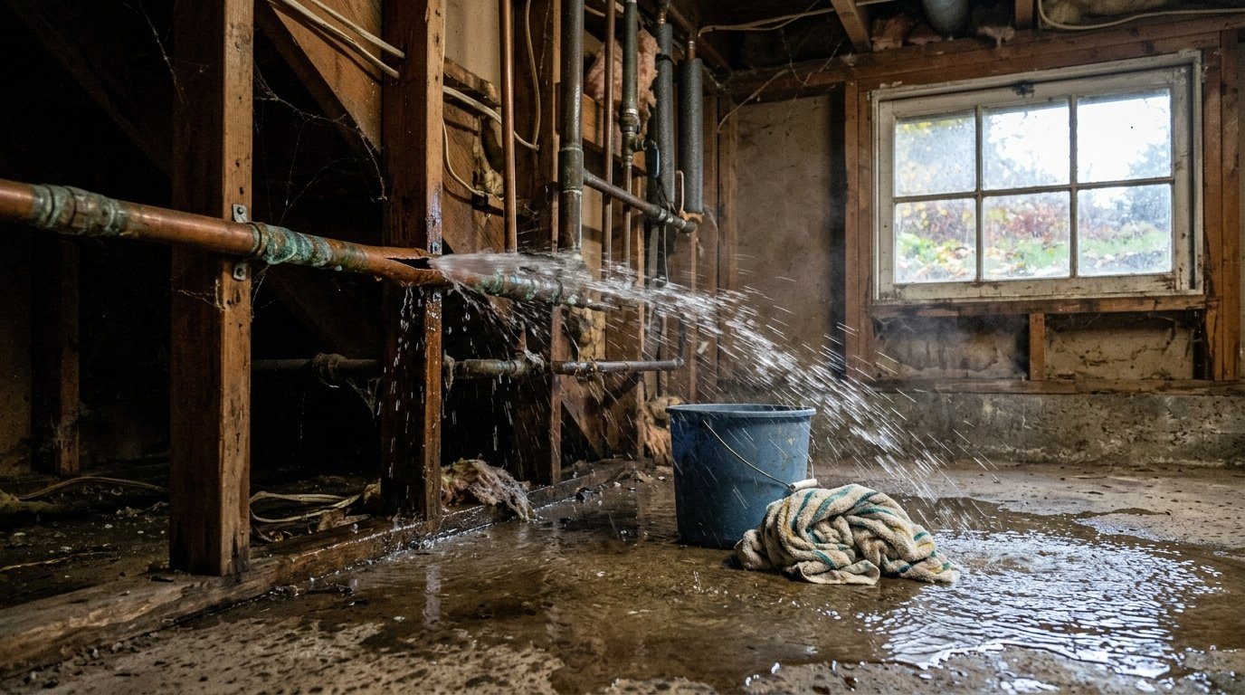 Split copper water pipe spraying water across an unfinished basement floor, with a bucket and towel nearby