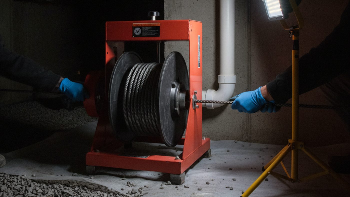 Gloved hands feeding the cable of a motorised drain cleaning machine into a drain pipe in a crawl space under a work light