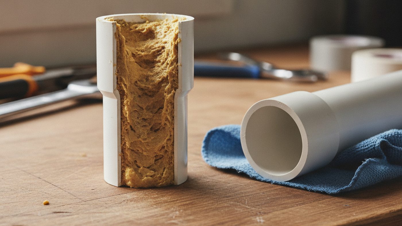 Cutaway section of a drain pipe almost completely blocked with hardened grease beside a clean new white PVC pipe on a workbench