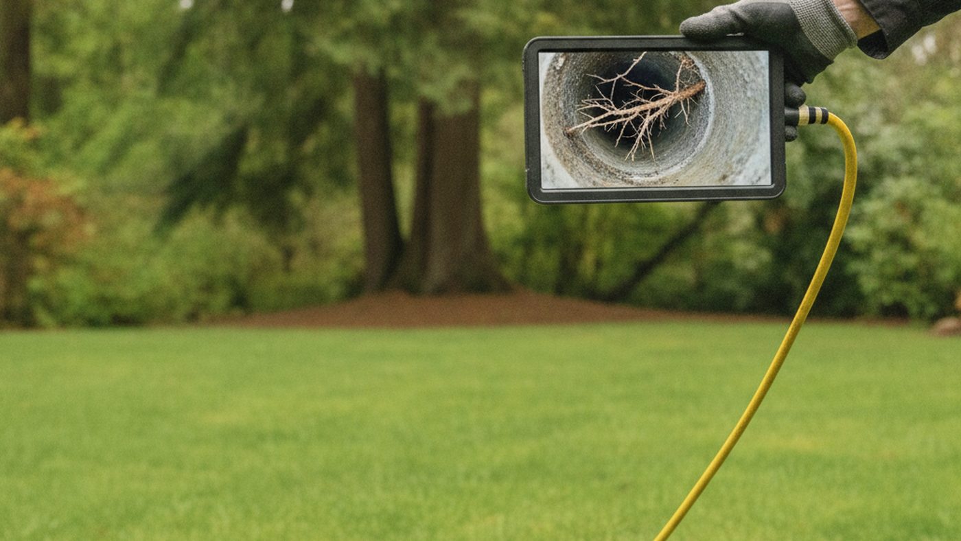 Gloved hand holding a sewer inspection camera monitor showing tree roots growing inside an old drain pipe, with the camera cable running down to a backyard cleanout