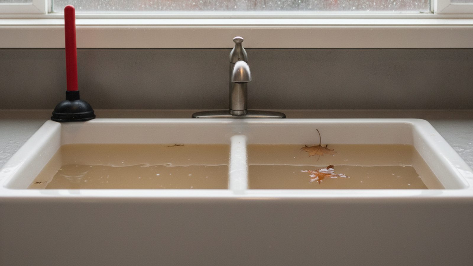 Kitchen sink full of murky standing water that will not drain, with a plunger on the counter and a rainy autumn window behind