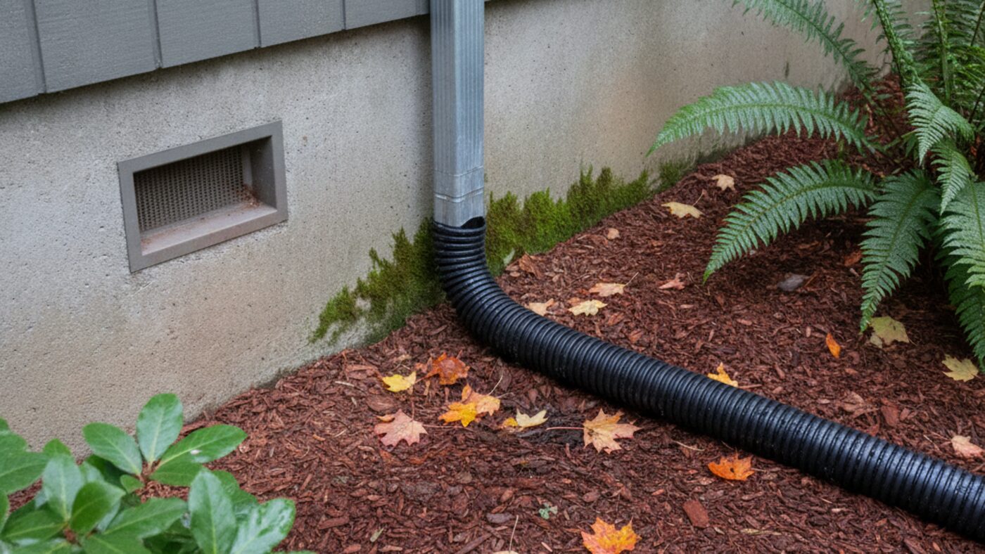 Downspout and extension directing roof water away from the foundation of an Oregon home