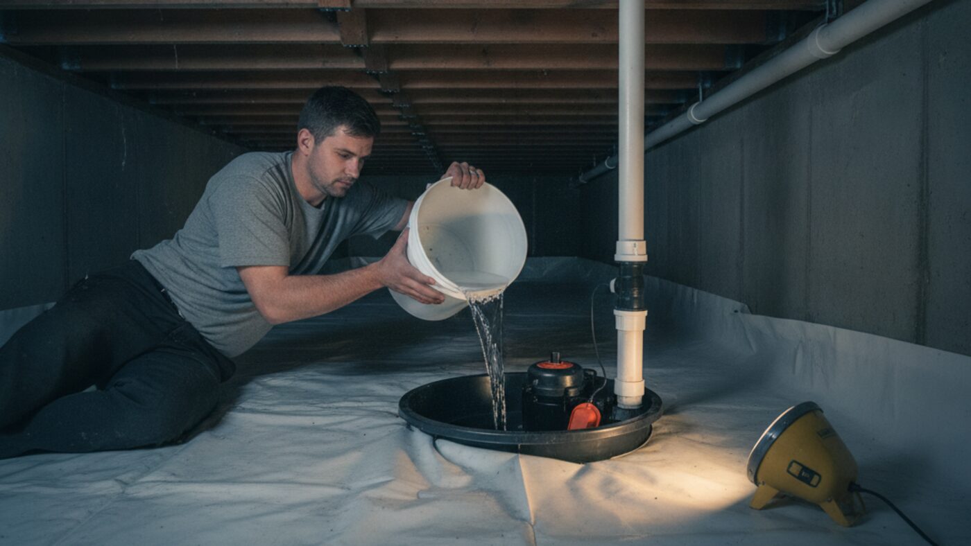 Plumber pouring water into a sump pit to test the pump and float switch before the rainy season