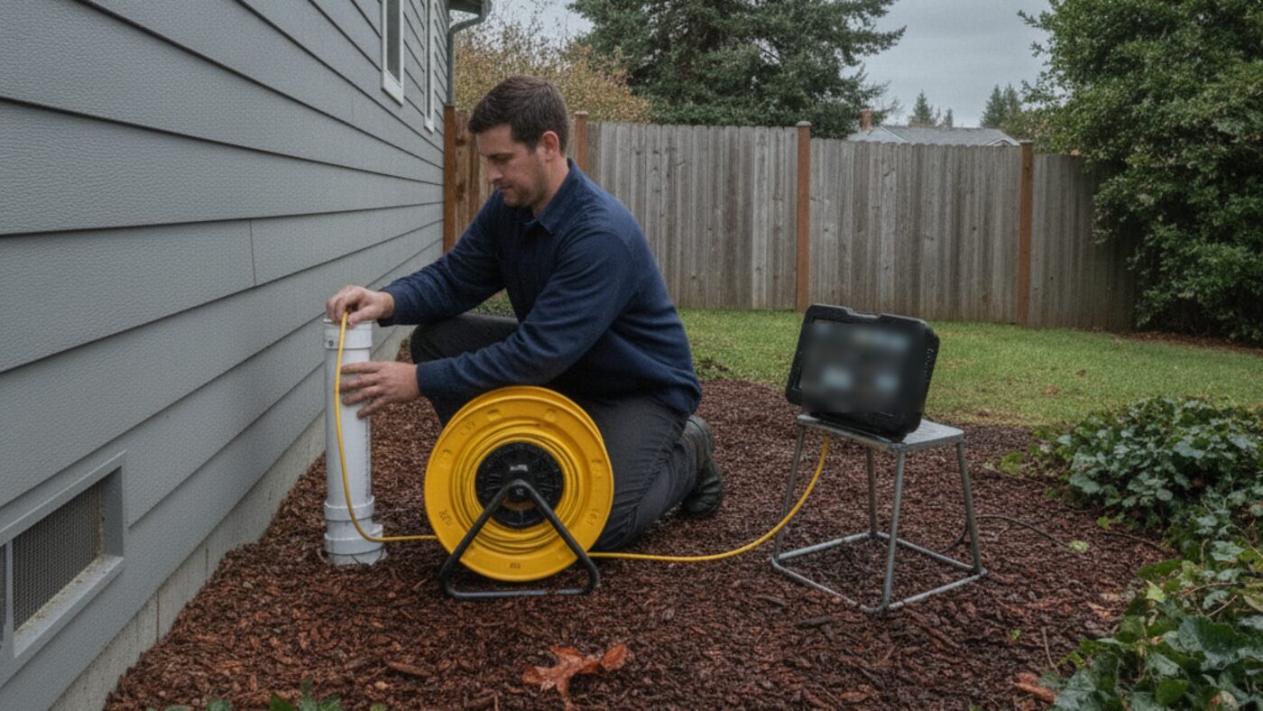 Plumber feeding a sewer inspection camera into an exterior cleanout at a Hillsboro home