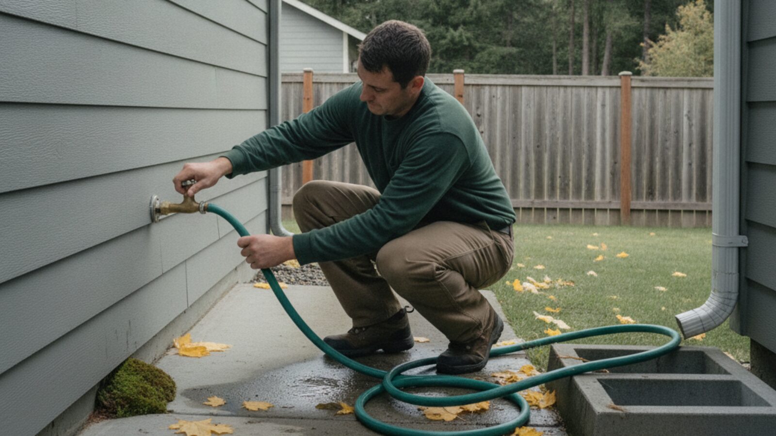 Plumber disconnecting a garden hose from an outdoor faucet on a Hillsboro home before fall rain