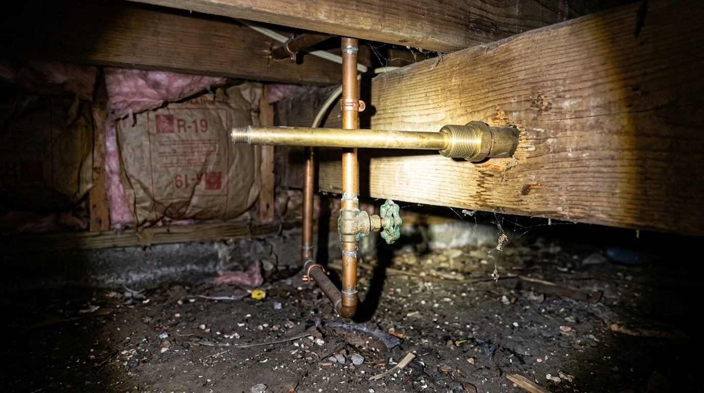 The back end of a frost-free hose bib stem coming through the rim joist inside a crawl space, connected to a copper supply pipe and lit by a flashlight