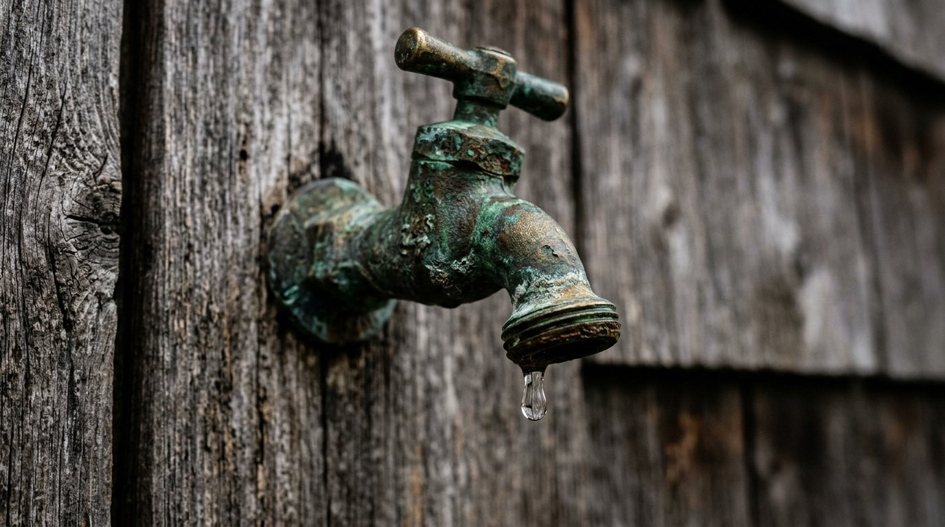 Close-up of an old brass outdoor faucet with green corrosion and a drop of water hanging from the spout against wood siding