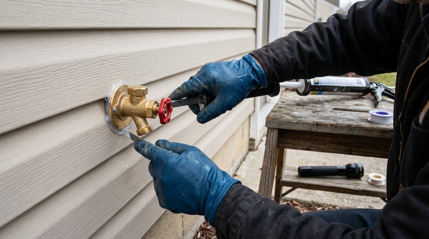 Plumber's gloved hands sealing around a new brass frost-free hose bib on house siding, a caulk gun and a flashlight on a step beside them