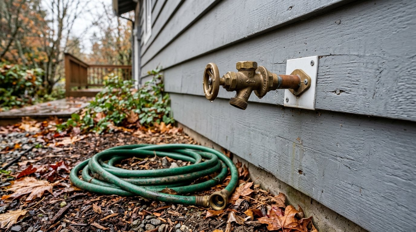 Brass frost-free hose bib on the lap siding of a Pacific Northwest house, with fallen autumn leaves on the ground below