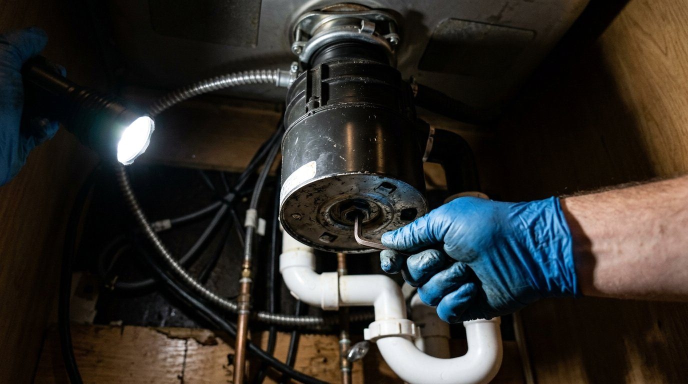 Gloved hand inserting a hex Allen wrench into the bottom of a garbage disposal under a kitchen sink to free a jam