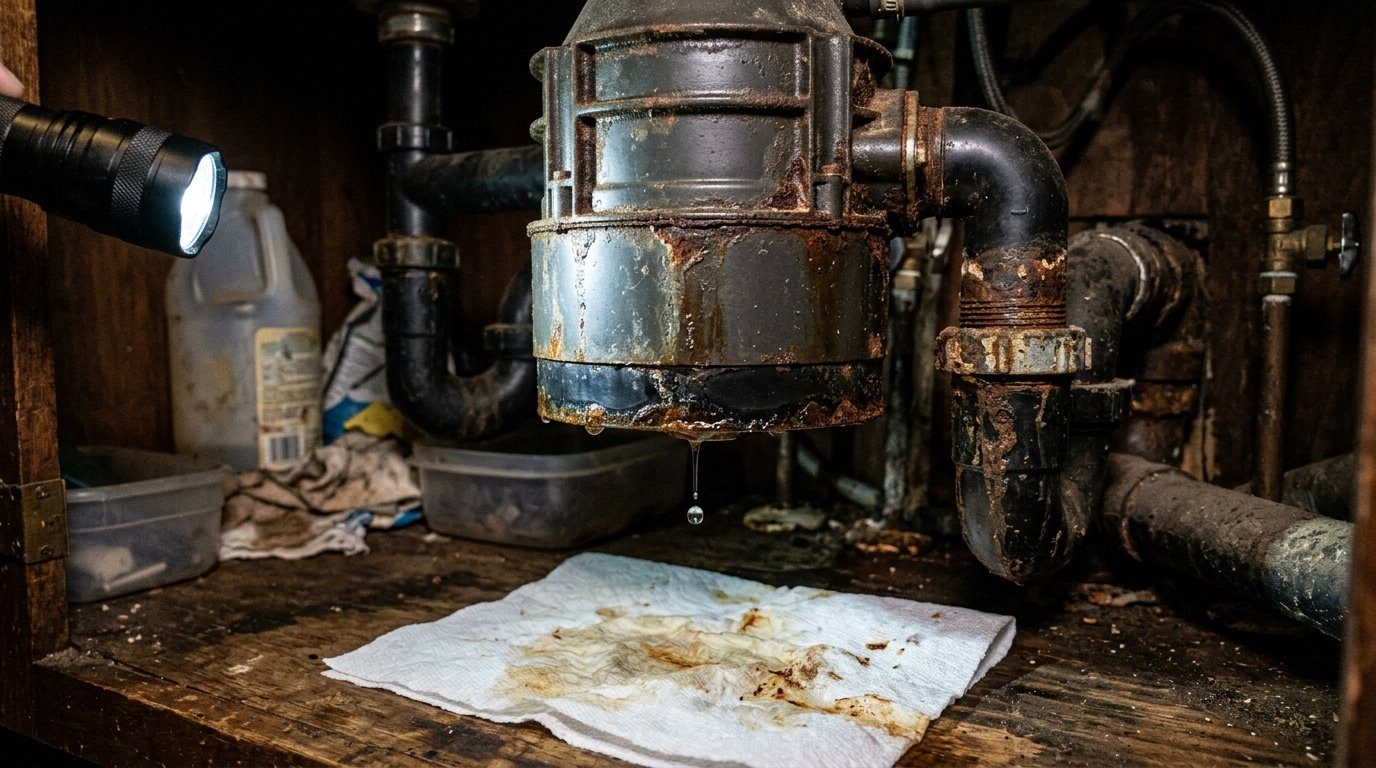 Underside of an old garbage disposal with rust streaks and water dripping from the housing onto a paper towel