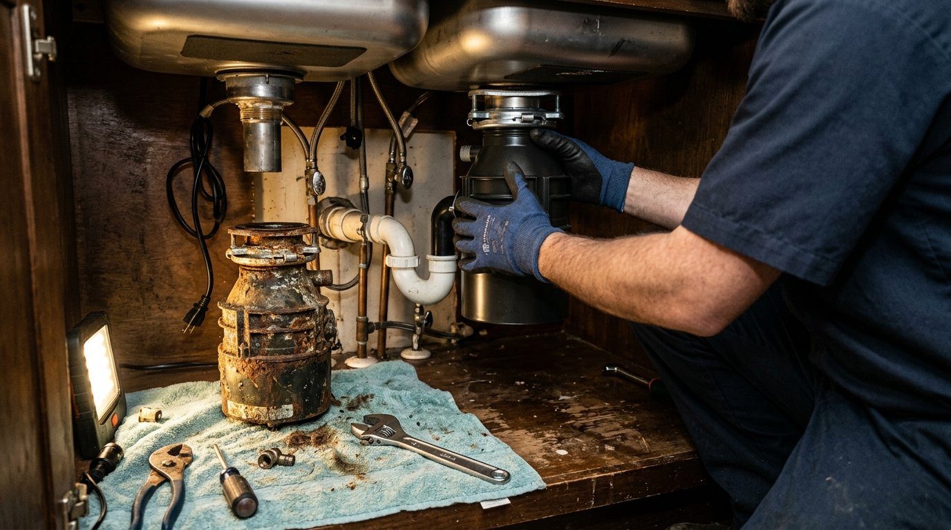 Gloved hands mounting a new garbage disposal onto the sink flange under a kitchen sink, with the old unit set aside