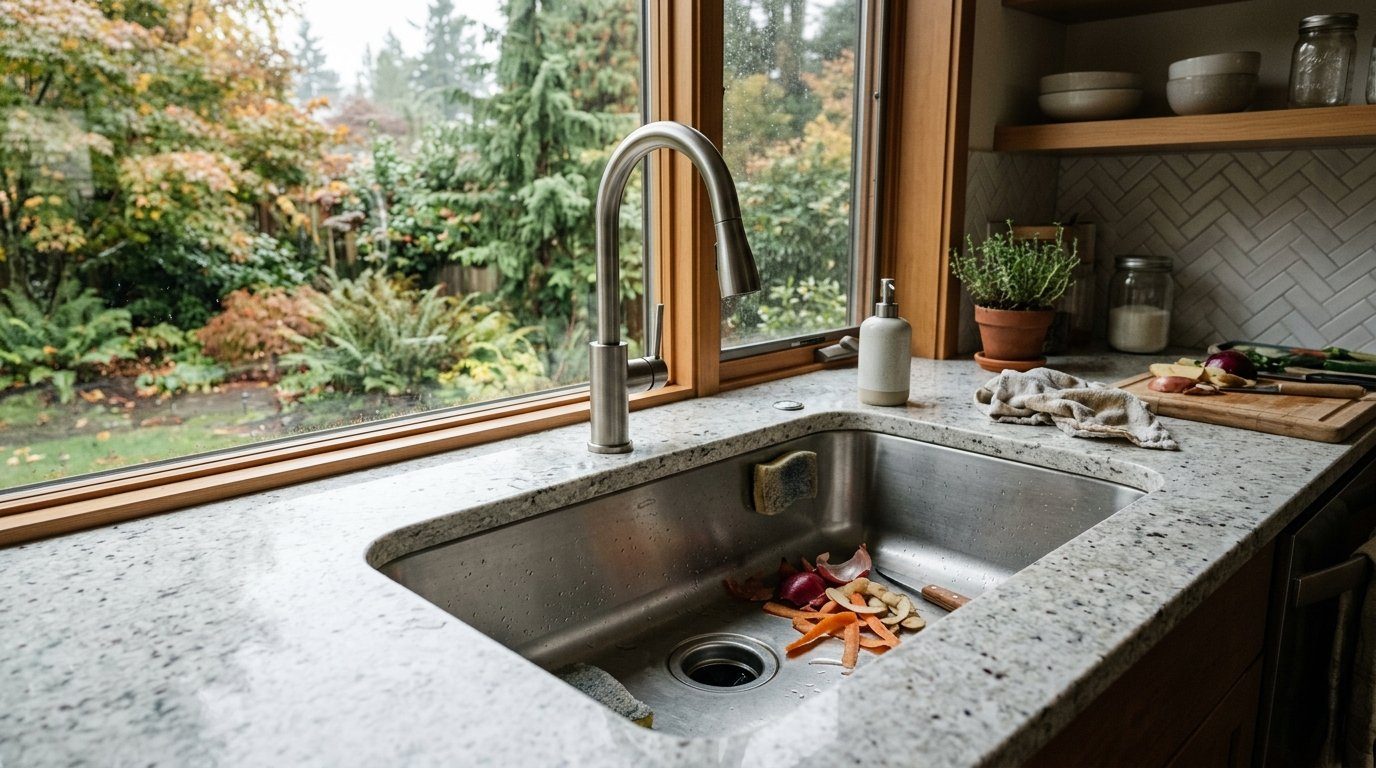 Kitchen sink with a stainless steel garbage disposal opening and rubber splash guard, vegetable peels on the counter beside it