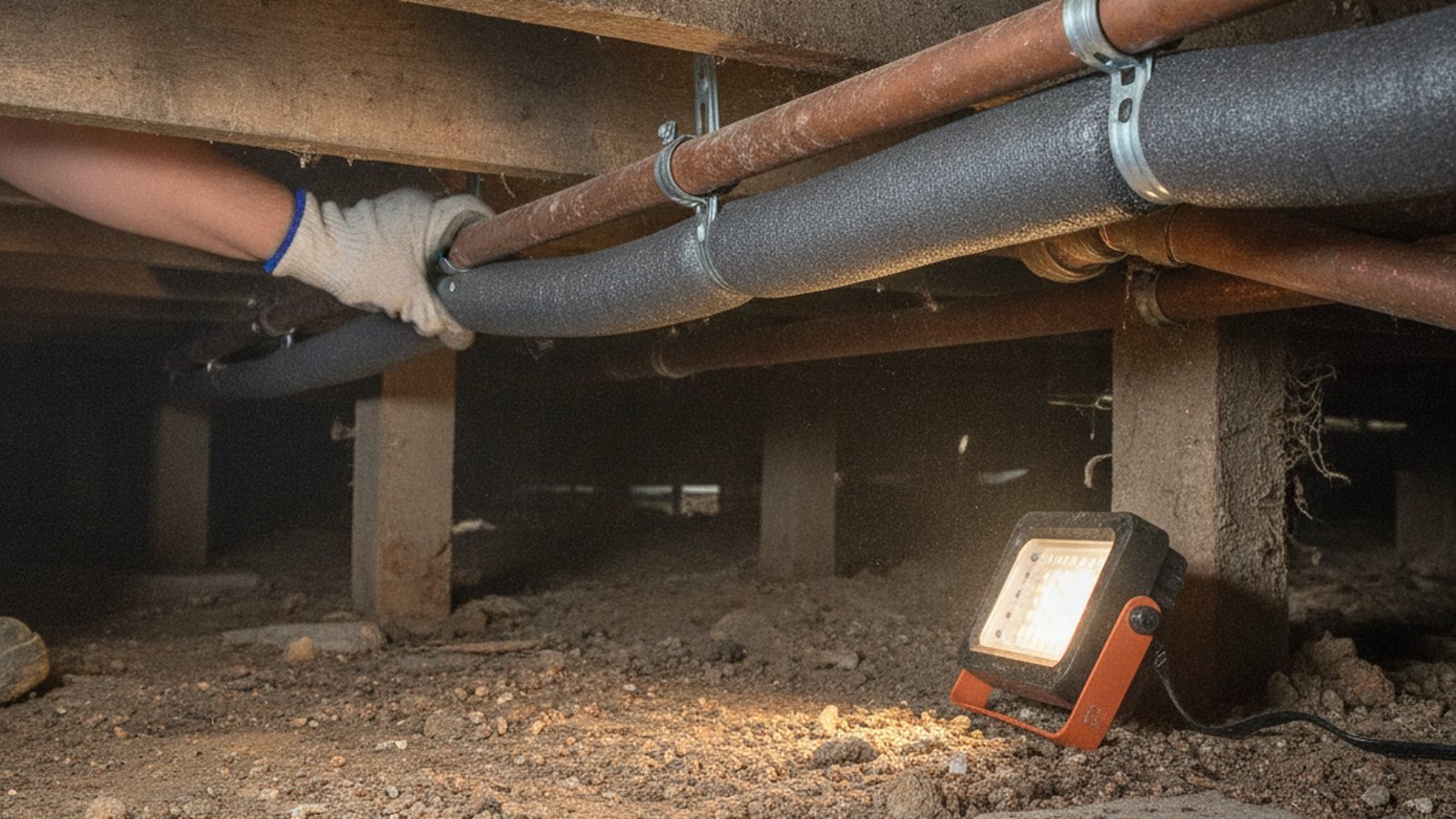 Hands fitting foam insulation sleeves onto exposed copper water pipes in a crawl space