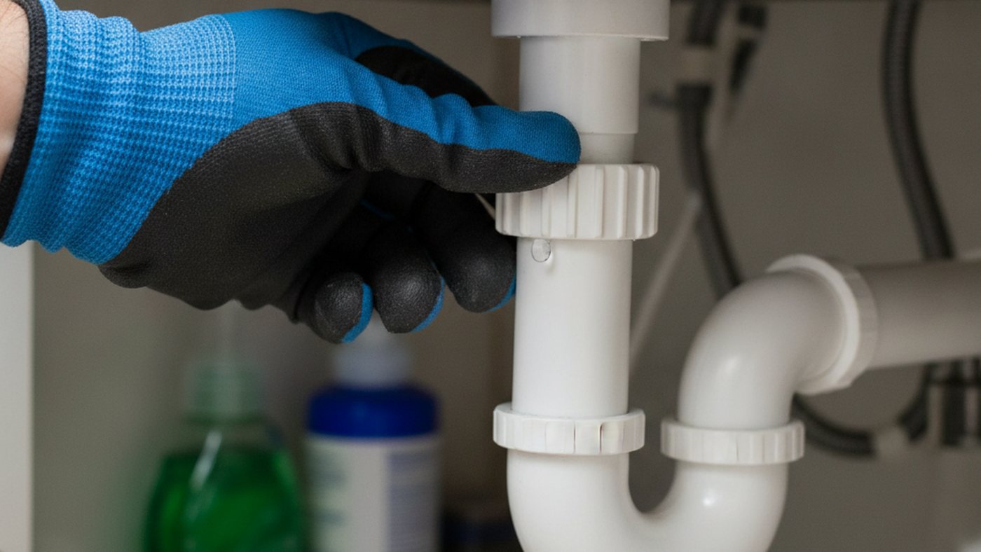 Gloved hand tightening a white plastic slip nut on a kitchen sink P-trap where a drip has formed