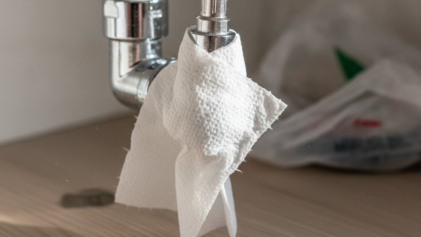 Braided faucet supply line on a chrome shutoff valve with a paper towel wrapped around the connection to check for moisture