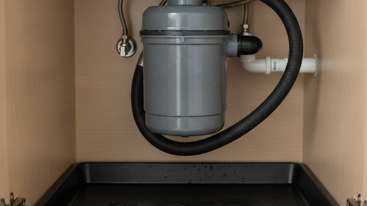Underside of a garbage disposal with the dishwasher drain hose attached and a tray placed beneath to catch drips