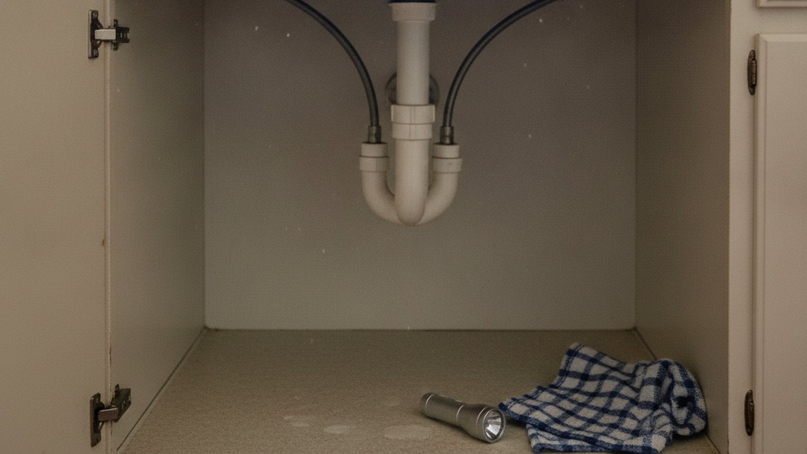 Open kitchen sink cabinet with the drain trap and supply lines exposed and a towel and flashlight ready to check for a leak