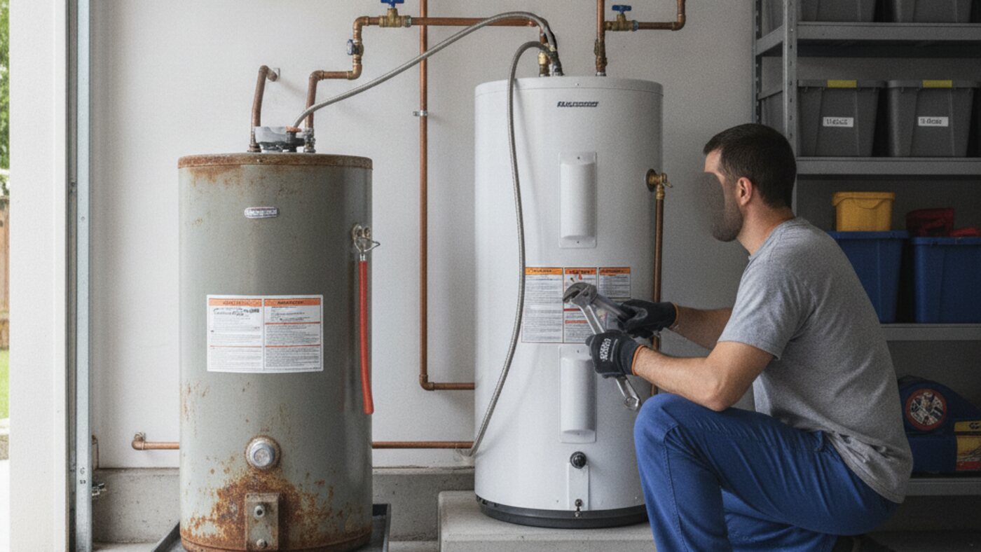 Plumber connecting a braided supply line to a newly installed water heater in a garage, the old unit on a trolley beside it