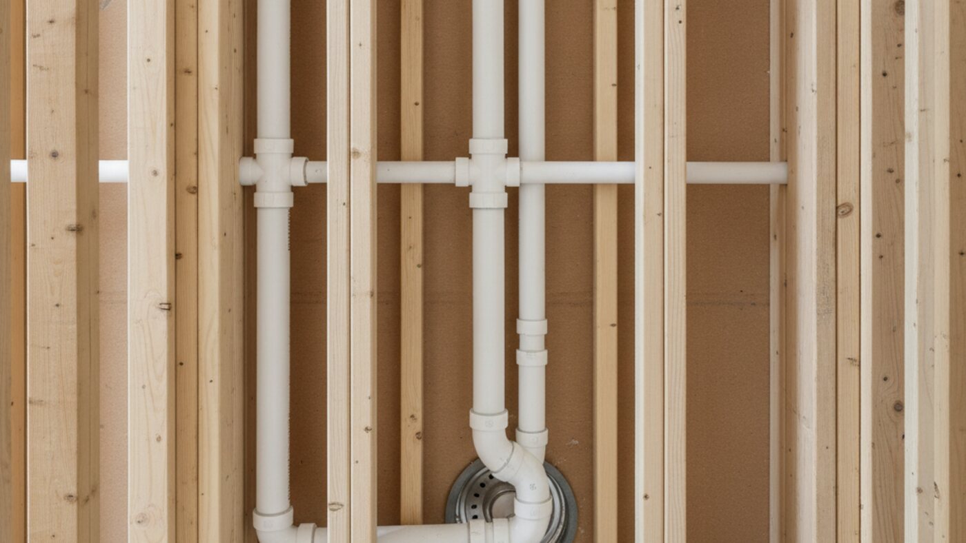 Open bathroom wall cavity with new drain and vent piping roughed in between studs, ready for inspection