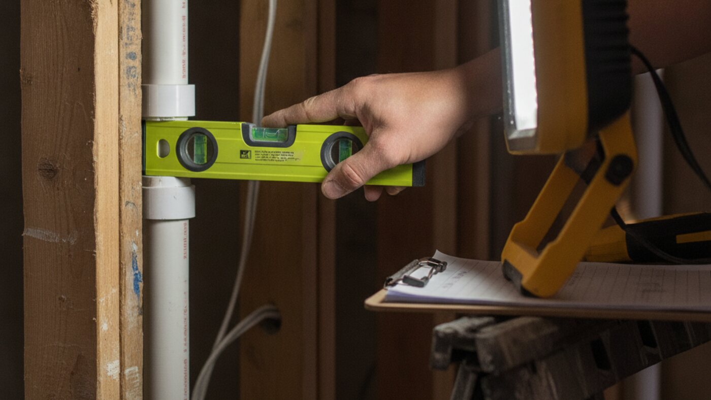 Plumbing inspector's hand holding a level against newly installed drain piping in an open wall