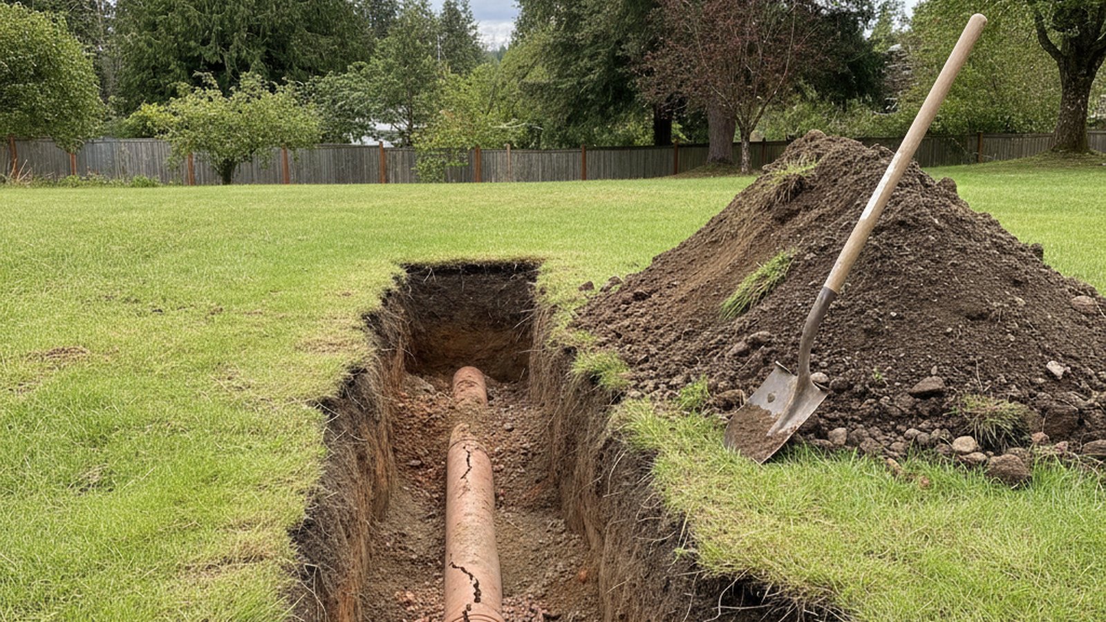 Excavated trench across a lawn exposing an old cracked clay sewer pipe