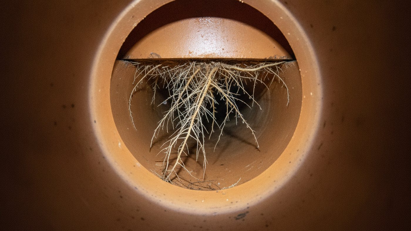 Sewer camera view of a clay pipe joint with fine tree roots growing through the gap