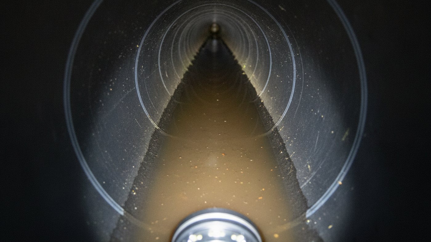 Camera view down a residential sewer lateral where standing water collects in a sagging section of pipe