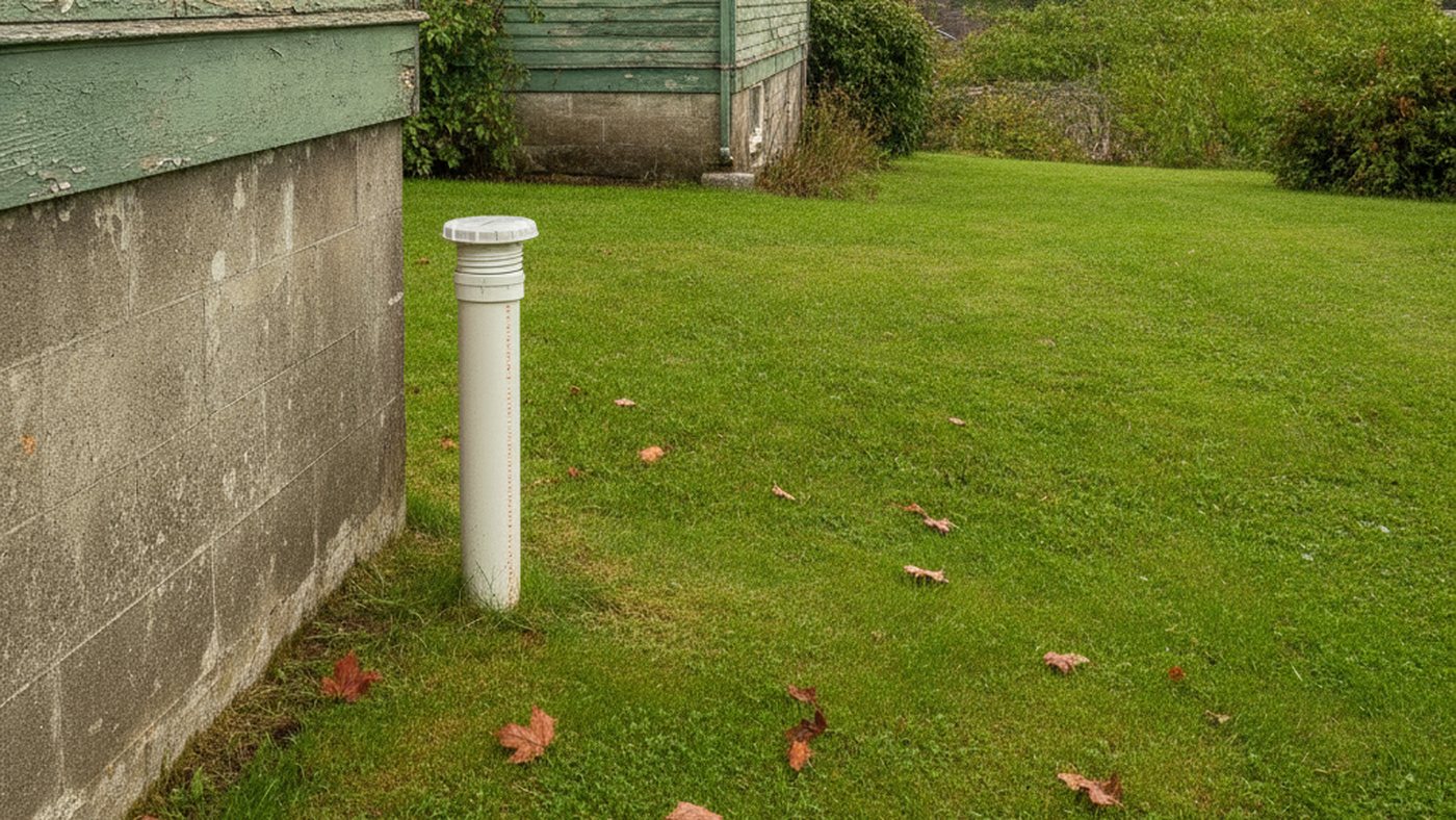 White PVC sewer cleanout with a screw cap in the lawn beside the foundation of an older Oregon home
