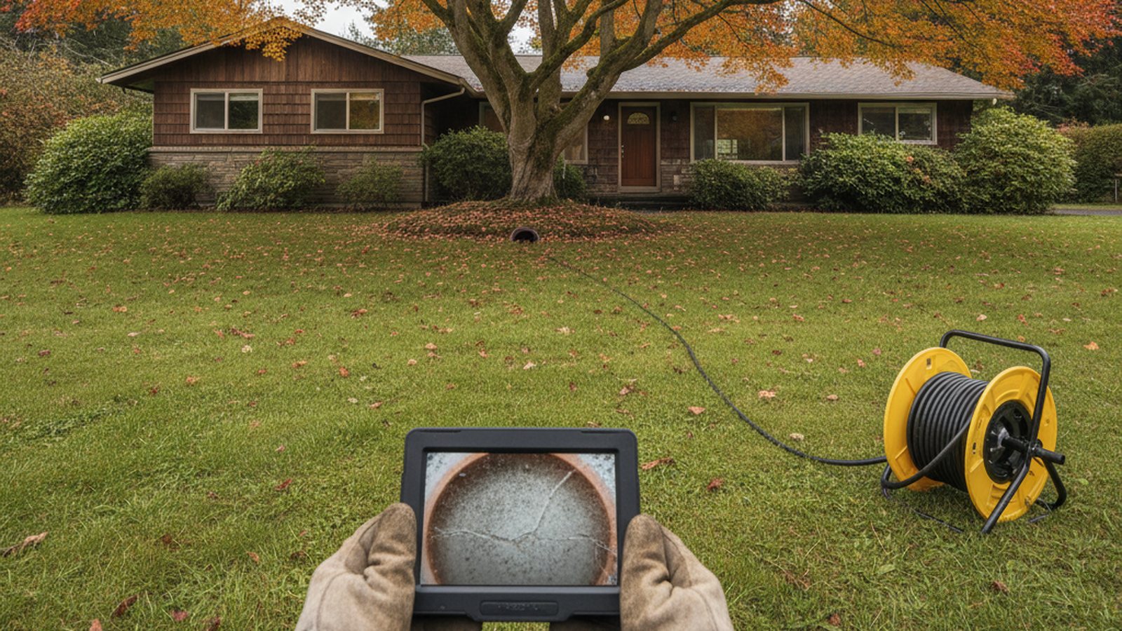 Sewer camera monitor held in the front yard of an older ranch home with a large maple tree during a pre-purchase sewer scope inspection