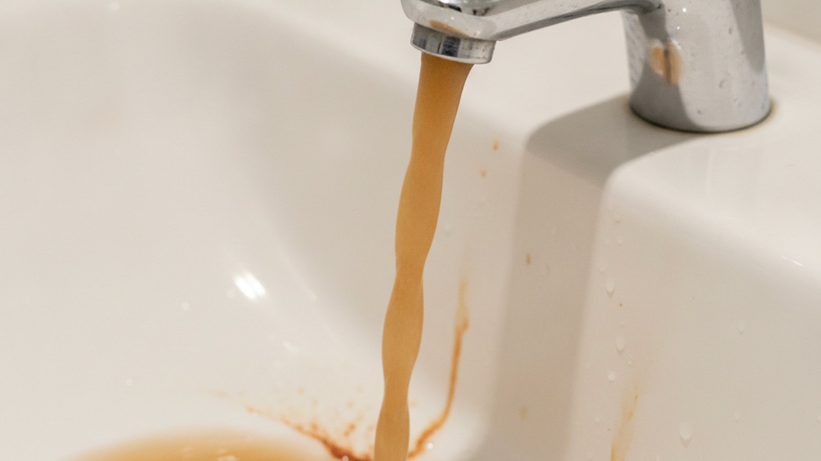 Discoloured rusty water running from a tap into a white bathroom basin
