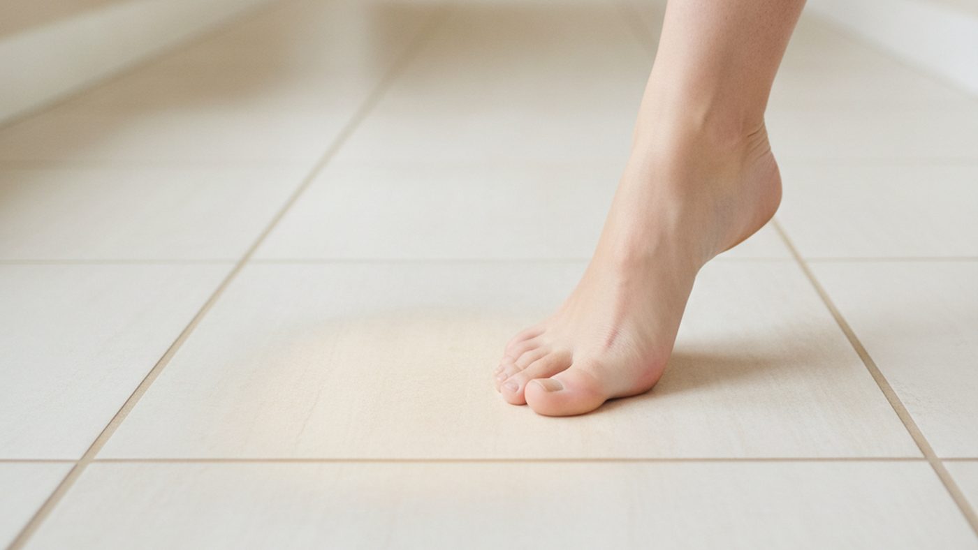 A bare foot on a pale tile hallway floor, where a warm spot can be the first sign of a hot water line leaking under the slab