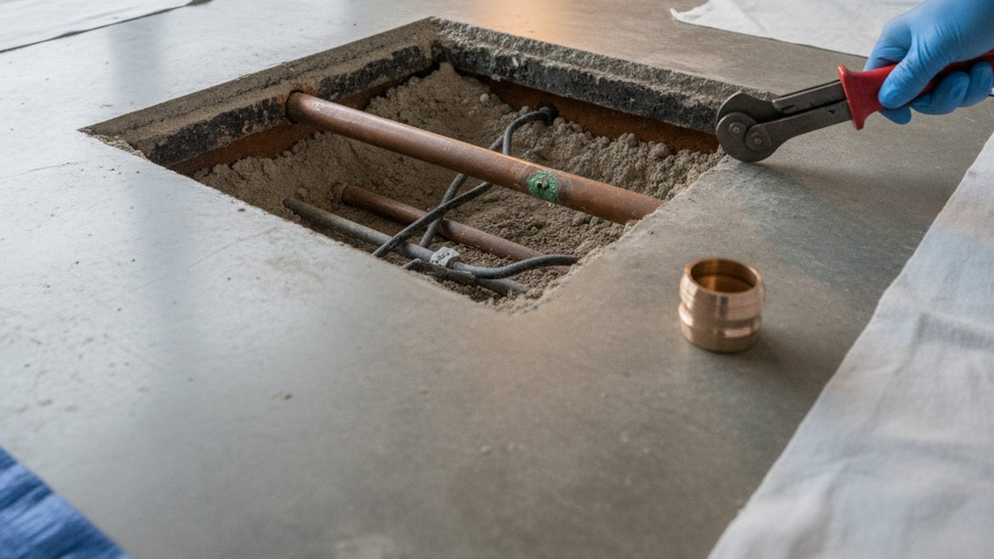 An access opening cut in a concrete slab floor, exposing a copper water line with a corroded spot ready for a repair coupling