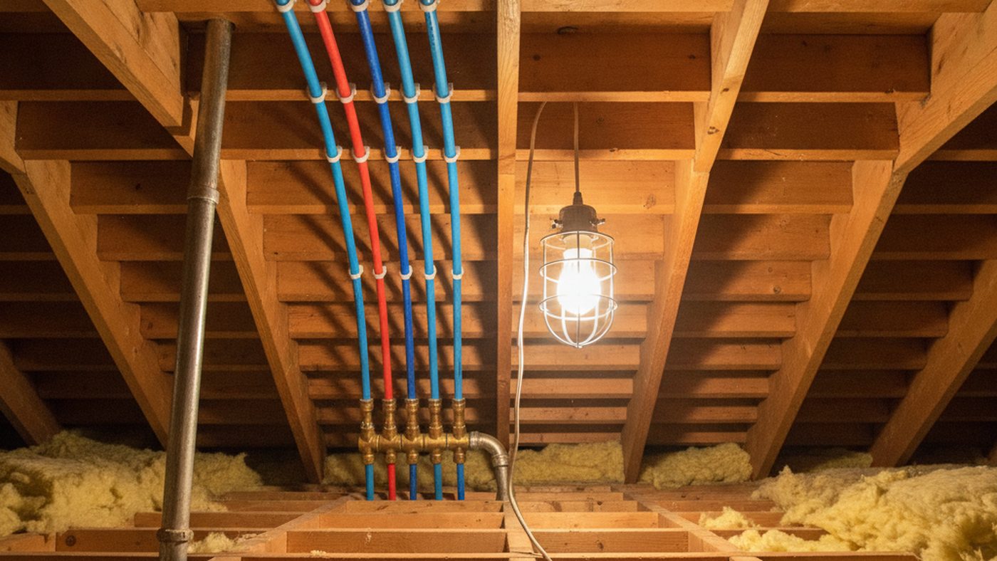 New blue and red PEX water lines strapped along attic framing after a supply line was rerouted above the slab