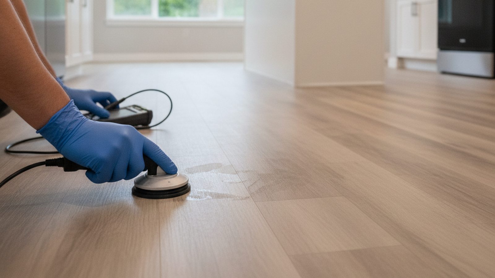 Gloved hands holding an electronic leak detection sensor against a kitchen floor in a slab-on-grade home