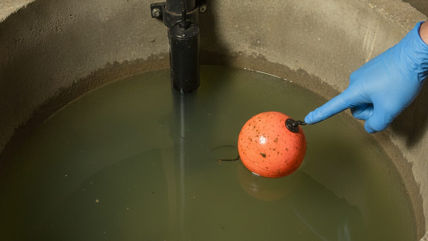 A gloved hand pointing at a silt-coated float on a sump pump float switch in a partly filled sump pit