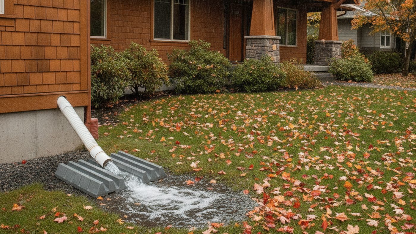 A white sump pump discharge pipe leaving a house foundation and emptying onto a splash block that sends water across a leaf-covered lawn in the rain