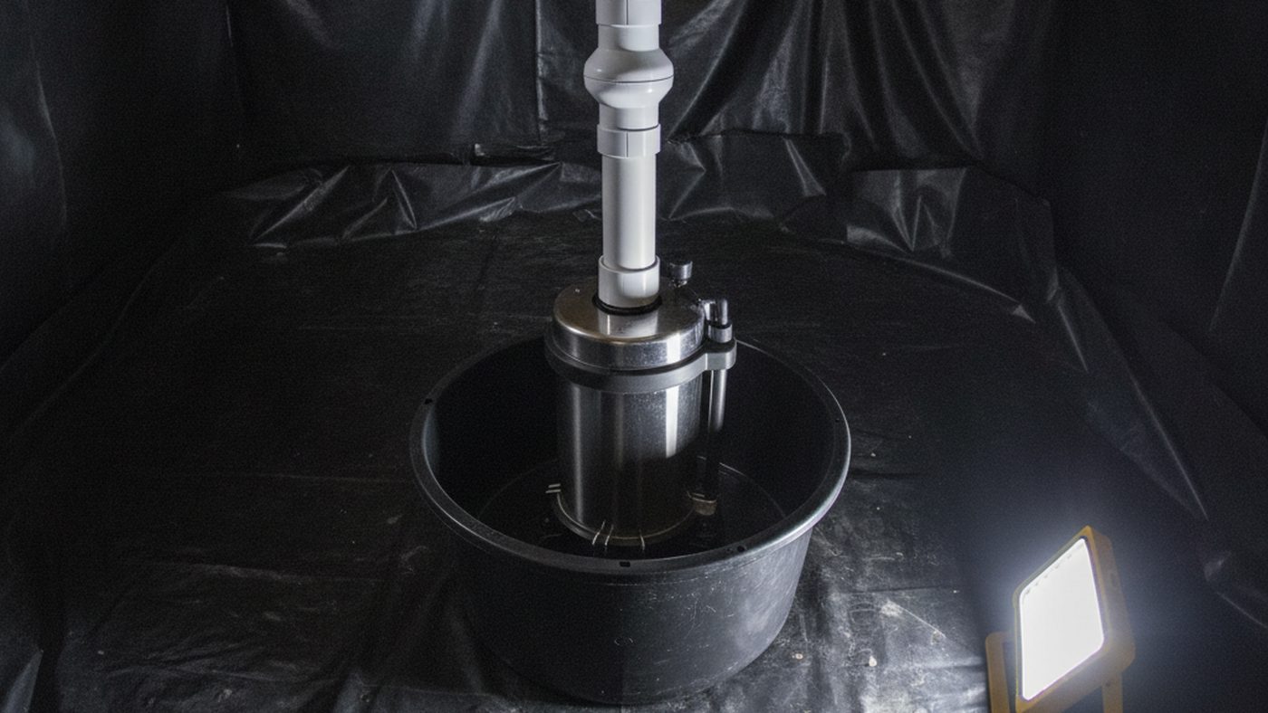 A newly installed sump pump with new white PVC discharge pipe and inline check valve in a clean sump basin under a crawl space vapour barrier