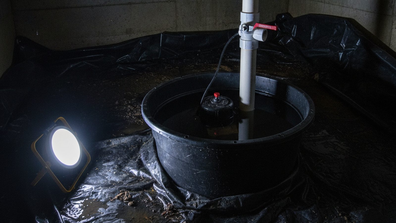 Sump pump in a crawl space sump basin with water near the rim and a white discharge pipe rising from the pit