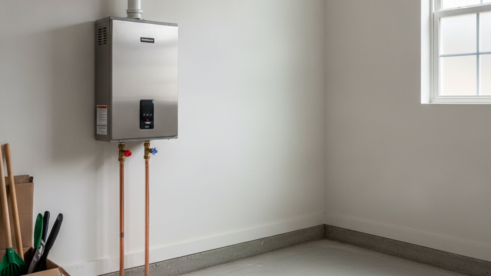Wall-mounted tankless water heater in a garage beside the empty floor space where a tank stood