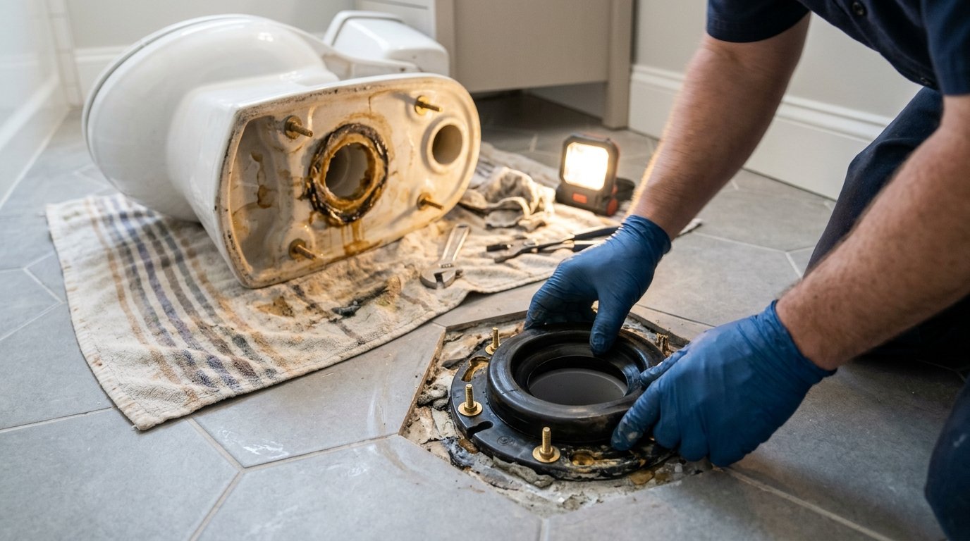 Gloved hands fitting a new wax ring onto a toilet flange on a tiled bathroom floor, with the toilet lifted aside on a towel