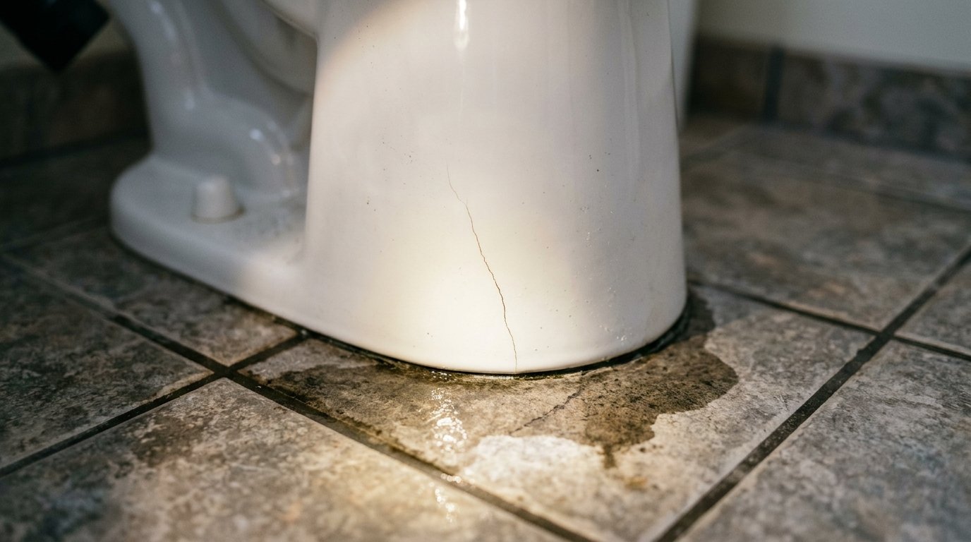 Close-up of a hairline crack running down the side of a white porcelain toilet bowl near the floor, with a damp patch on the tile