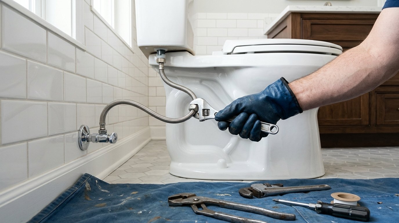 Plumber's gloved hands tightening the supply line under a newly installed white toilet in a finished bathroom, tools on a drop cloth