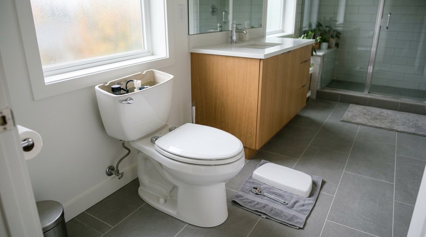White two-piece toilet in a bright bathroom with grey floor tile, the tank lid set beside it ready for an inspection