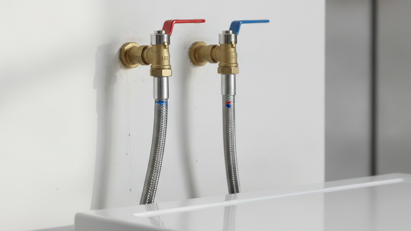 Braided stainless steel washing machine supply hoses connected to hot and cold shut-off valves on a laundry room wall