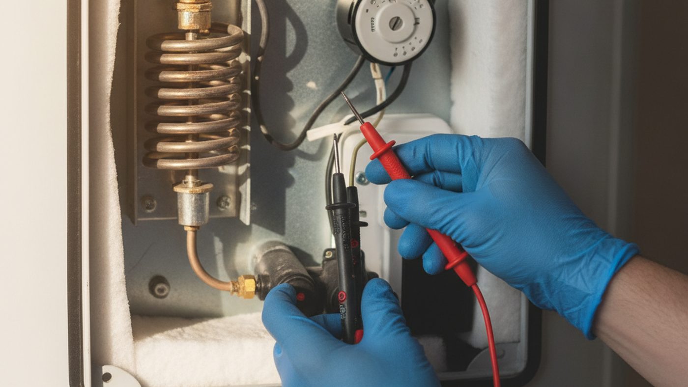 A gloved hand testing the heating element and thermostat of an electric water heater with a multimeter behind the open access panel