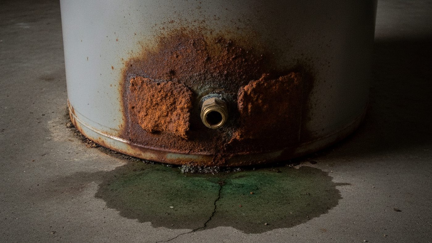 Heavy rust and corrosion around the base and drain valve of an old tank water heater with a water stain on the concrete floor